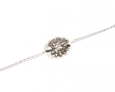 Tree of Life on Eliptic Plate Sterling Silver Bracelet, White Gold Vermeil - 1