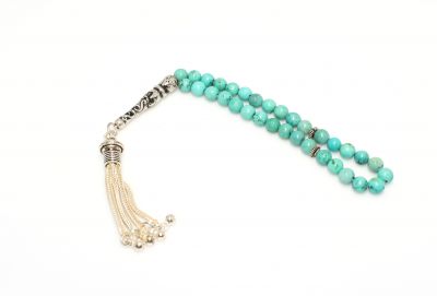 Turquoise Prayer Beads with Silver Tassel,Silver Imame - 1