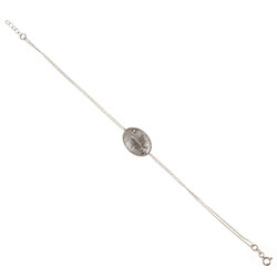Vine Leaf on Oval Plate Sterling Silver Bracelet, White Gold Vermeil - Nusrettaki