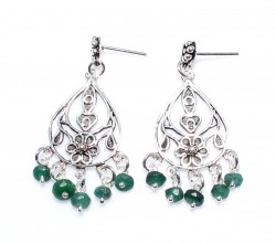 925 Silver Middle Flowered Dangle Filigree Earrings with Emerald - Nusrettaki
