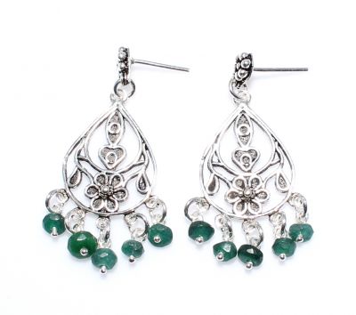 925 Silver Middle Flowered Dangle Filigree Earrings with Emerald - 2