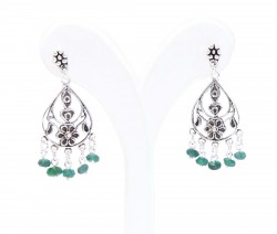 925 Silver Middle Flowered Dangle Filigree Earrings with Emerald - Nusrettaki (1)