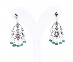 925 Silver Middle Flowered Dangle Filigree Earrings with Emerald - 3