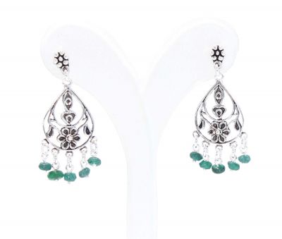 925 Silver Middle Flowered Dangle Filigree Earrings with Emerald - 3